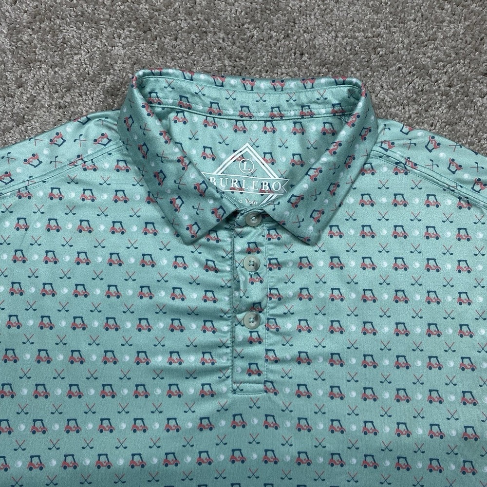 Burlebo Mens Golf Polo Shirt Large Mint Green Golf Cart Club Print Performance